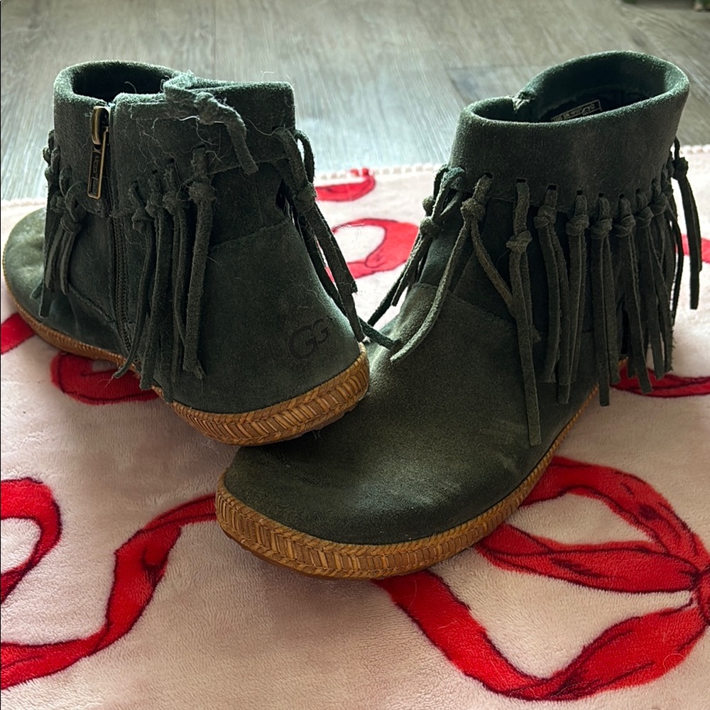 UGG Green Fringe Ankle Booties with Cork Sole
